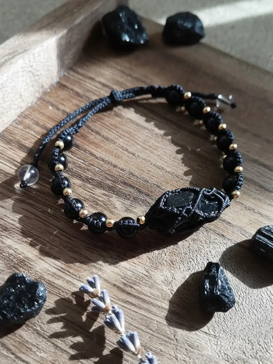 Black Tourmaline, Brass & Textile Cord Bracelet