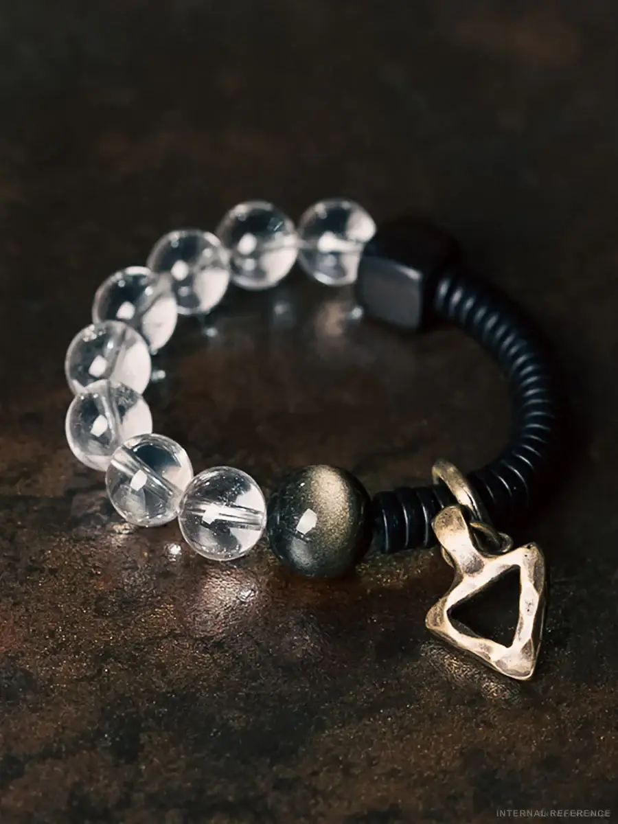 Clear Quartz, Obsidian & Brass Bracelet