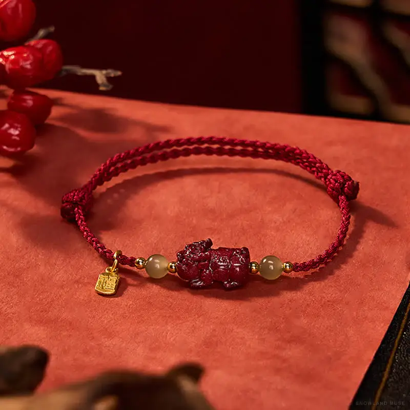 Cinnabar, Jade & Copper Pi Xiu Bracelet