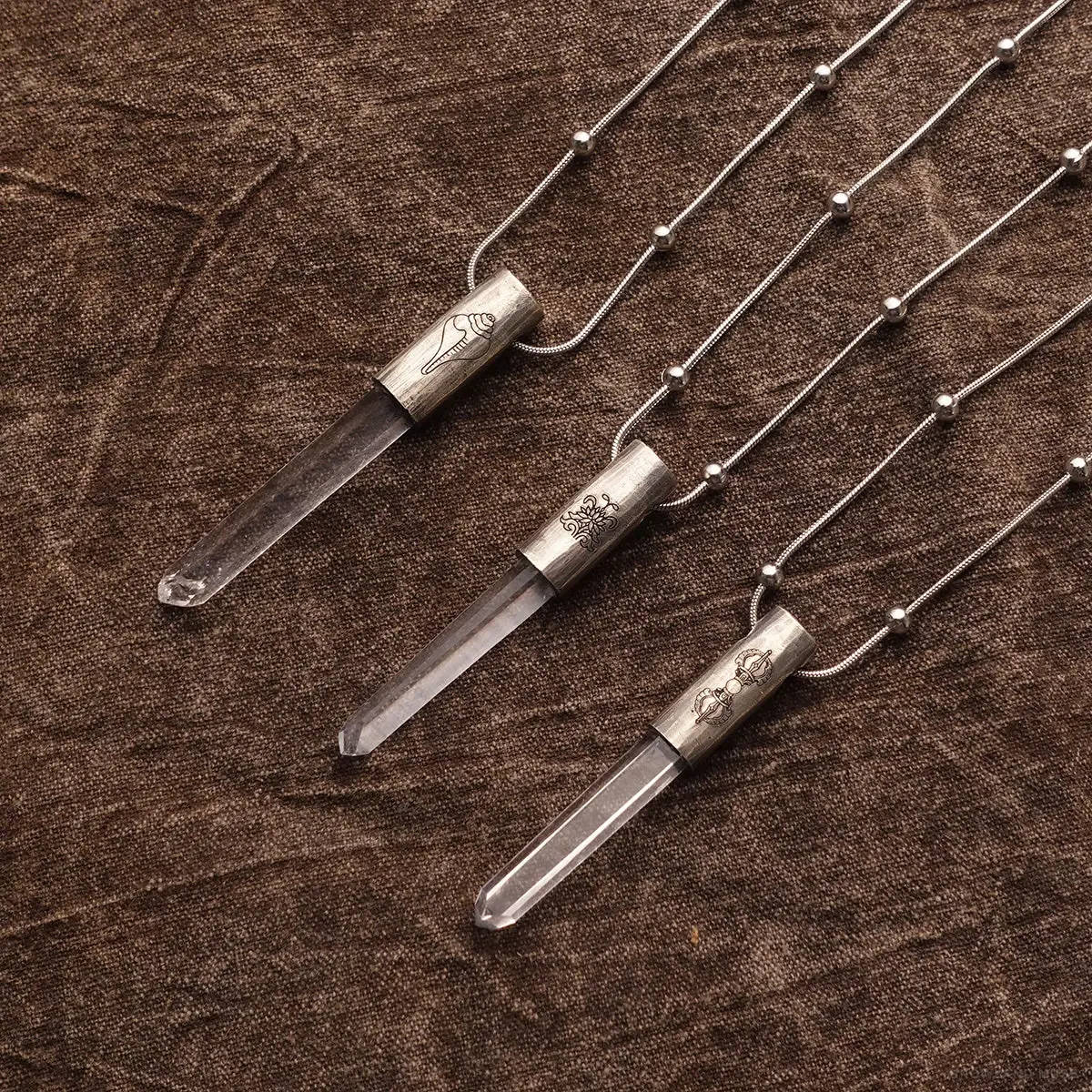 Clear Quartz & Silver-Tone Eight Auspicious Symbols Necklace