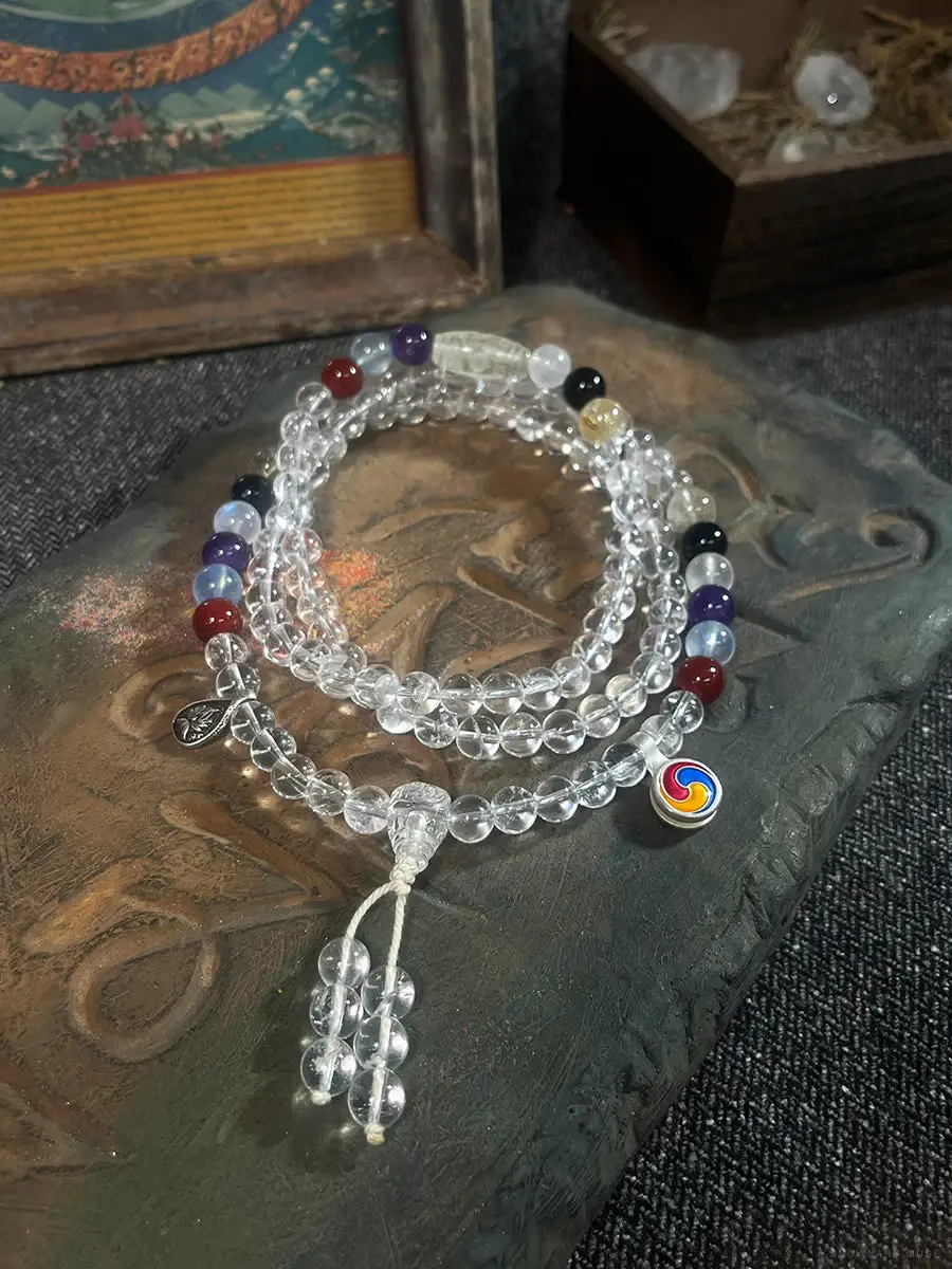 Clear Quartz, Amethyst & Citrine Dzi-style 108-Bead Mala
