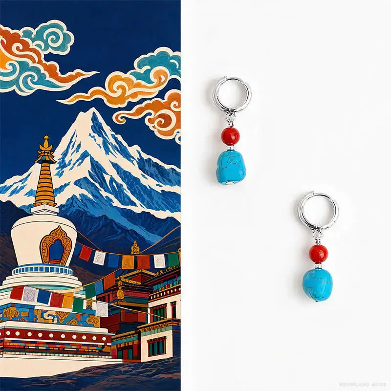 Synthetic Turquoise, Red Agate & Copper Buddha Earrings