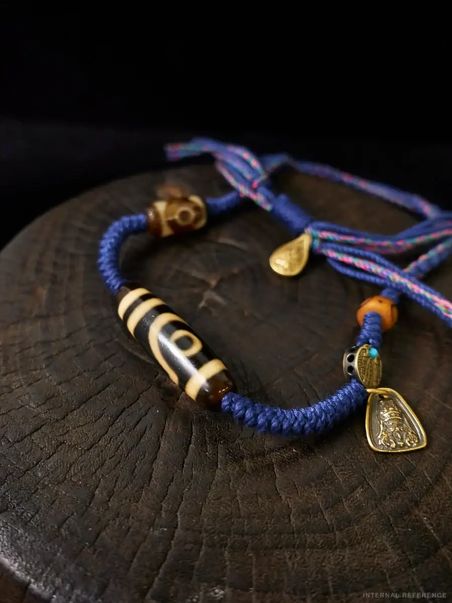 Dzi-Style Bead, Thokcha & Textile Cord Necklace
