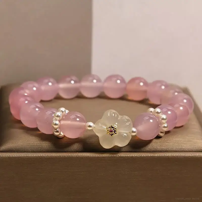 Pink & White Agate, Synthetic Pearl Buddha Bracelet
