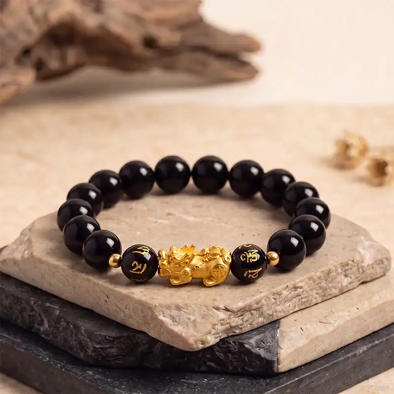 Black Obsidian, Chalcedony & Copper Pi Xiu Bracelet