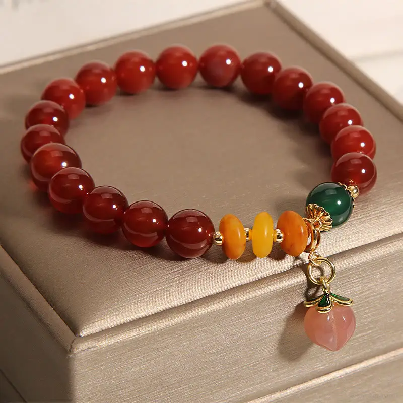 Red Agate & Amber-Tone Peach Charm Bracelet