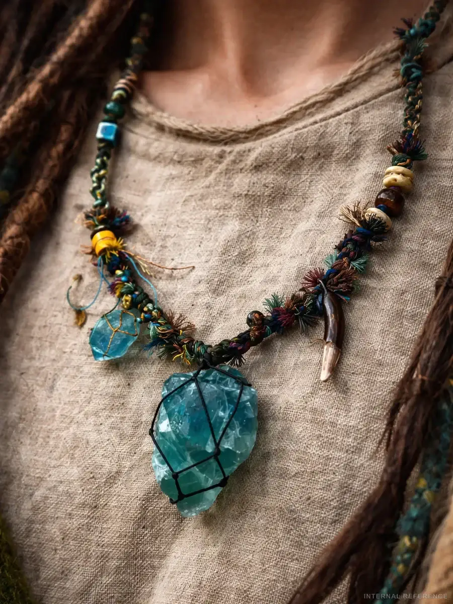 Green Fluorite, Tiger Eye & Textile Cord Necklace