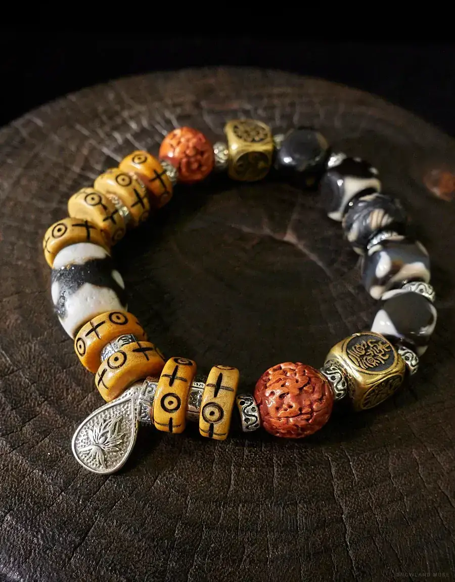 Cinnabar, Agate & Dzi-Style Bead Bracelet