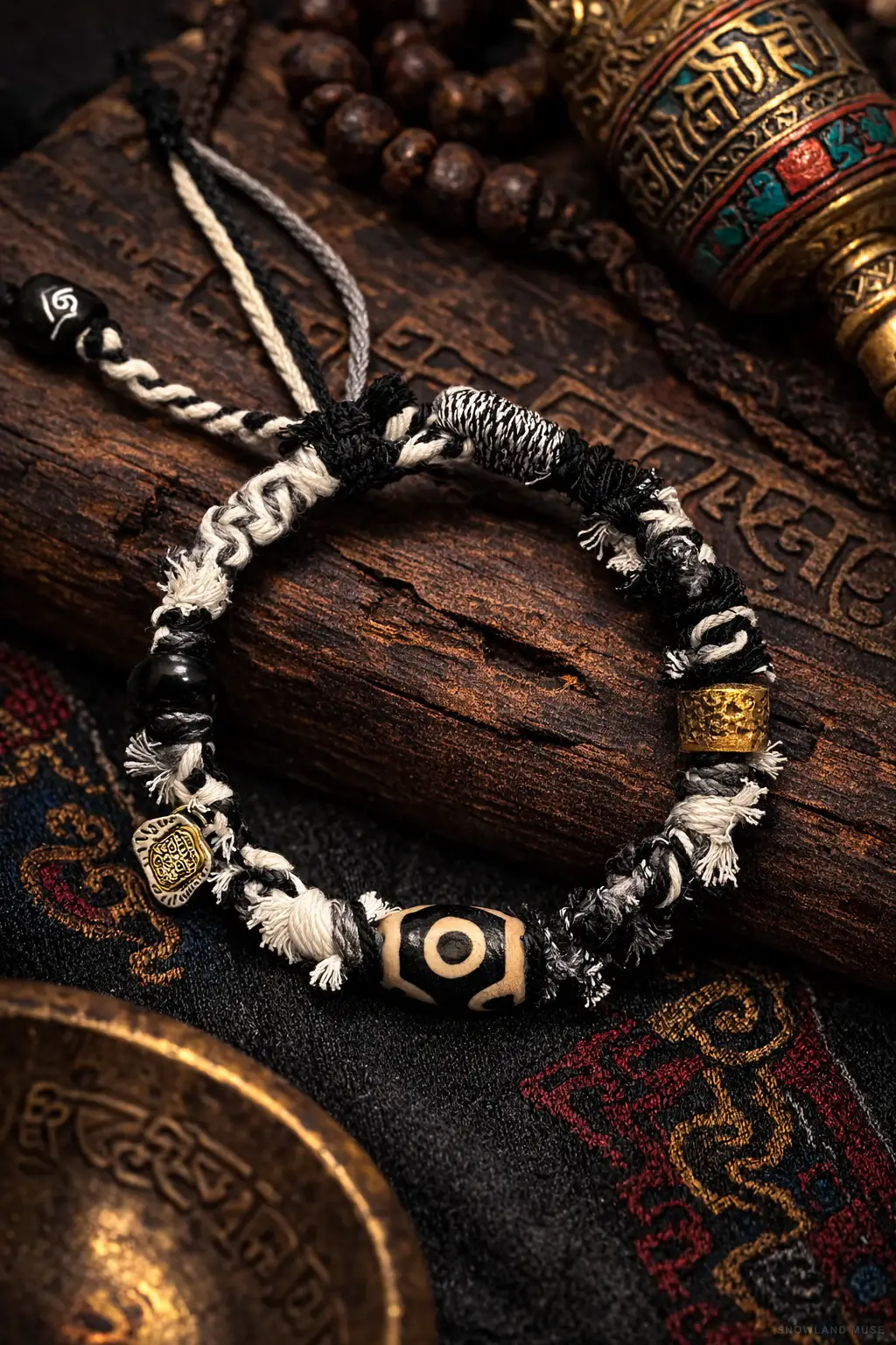 Five-Color Dzi-Style Bead & Textile Cord Bracelet