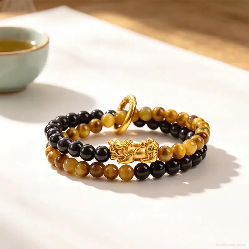 Tiger Eye, Obsidian & Copper Pi Xiu Bracelet