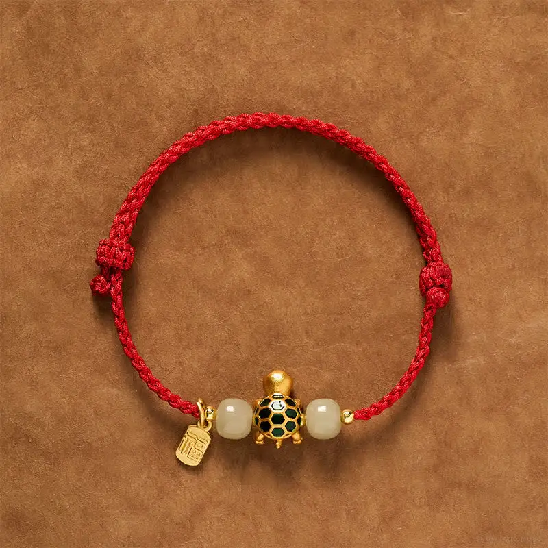 Red Jade, Copper & Textile Cord Turtle Bracelet
