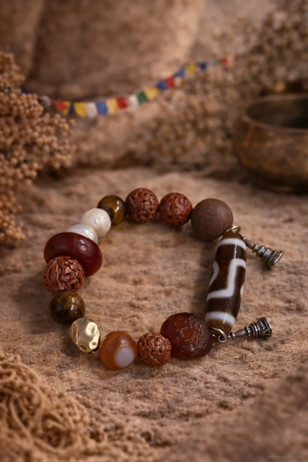 Tiger Eye, Agate & Dzi-Style Bead Bracelet